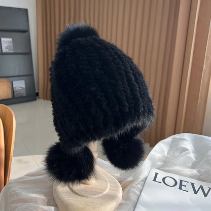 Isla Ribbed Fur Trim Beanie Hat | Pompoms Solid Beanie Hat