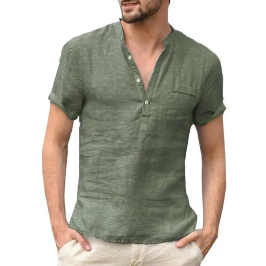 Men's T-shirt – Relaxed Fit – Linen Blend – Button Closure – Chest Pocket