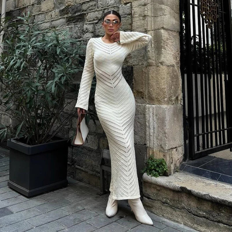 Women's Long Dress - Ribbed Mesh Design - Tailored Fit - Long Sleeves