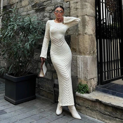 Women's Long Dress - Ribbed Mesh Design - Tailored Fit - Long Sleeves