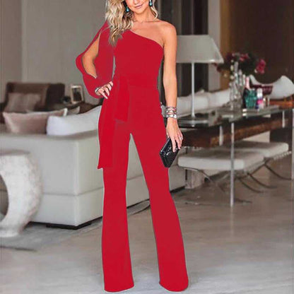 Women's Jumpsuit – One Shoulder – Slim Fit – Belted Waist – Flared Leg