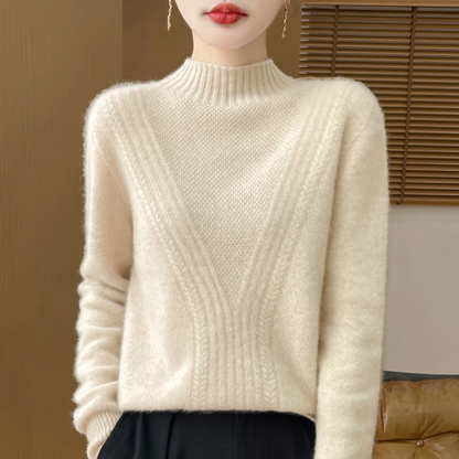 Women's Pullover Sweater – Relaxed Fit – Half-High Collar – Ribbed Design