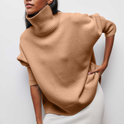 Dame Rullekrave Sweater - Oversized Pasform - Blød Strik - Korte Ærmer