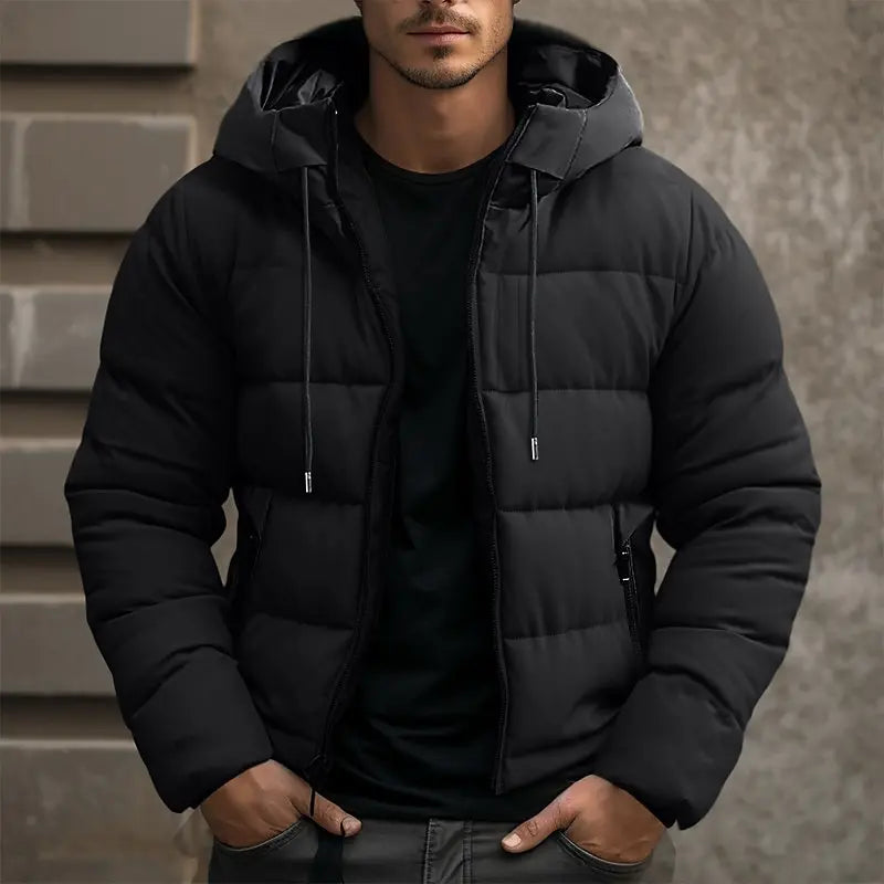 Men’s Puffer Jacket - Synthetic - Hooded Stand Collar - Hip Length - Quilted Design