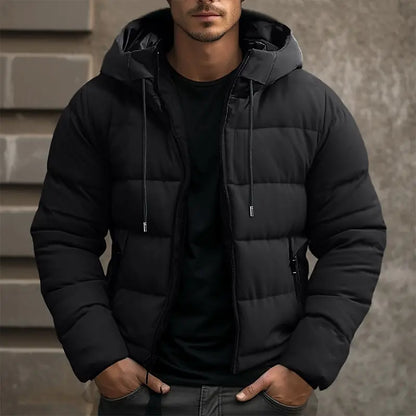 Men’s Puffer Jacket - Synthetic - Hooded Stand Collar - Hip Length - Quilted Design