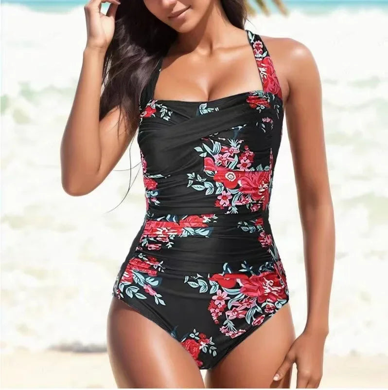 Women's Monokini Swimsuit – Halterneck – Ruched Front – Floral Print – Slim Fit