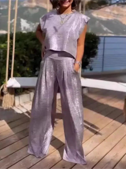 Dame Sæt - Ærmeløs Cropped Top & Højtaljet Wide-Leg Bukser - Komfort Fit