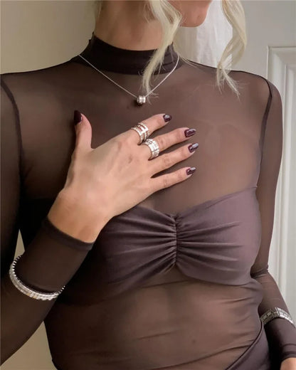 Dress for Women – Bodycon Fit – Mesh Top – Ruched Midi Skirt – High Neck