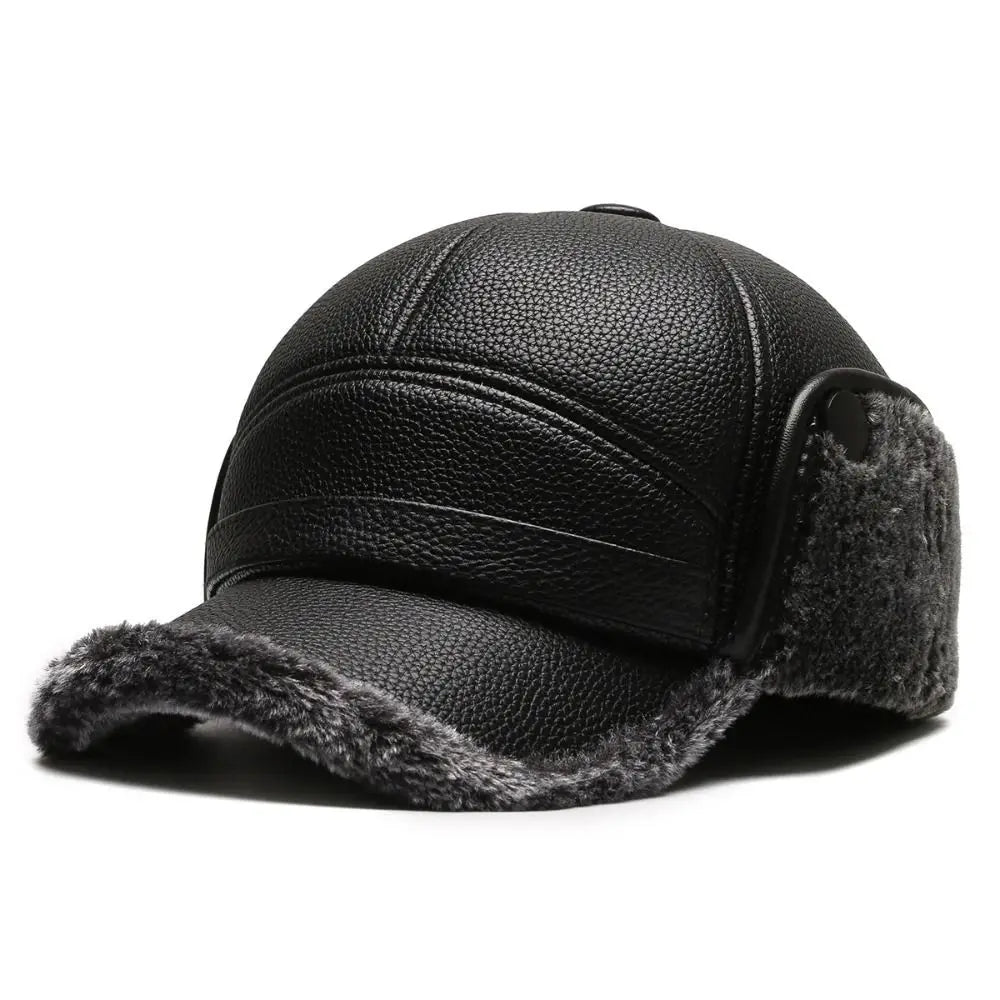 Harrison Faux Leather Structured Baseball Cap | Ear Flaps Fleece Trim Baseball Cap