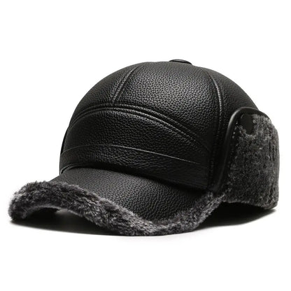 Harrison Faux Leather Structured Baseball Cap | Ear Flaps Fleece Trim Baseball Cap