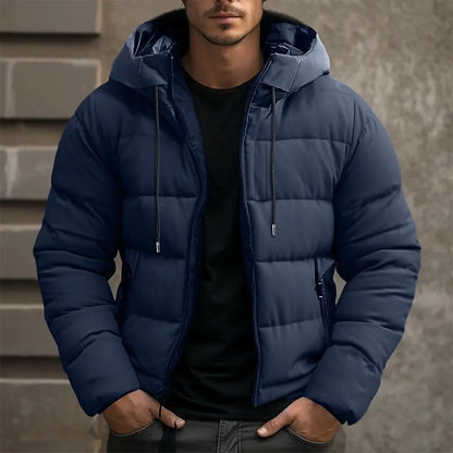 Men’s Puffer Jacket - Synthetic - Hooded Stand Collar - Hip Length - Quilted Design