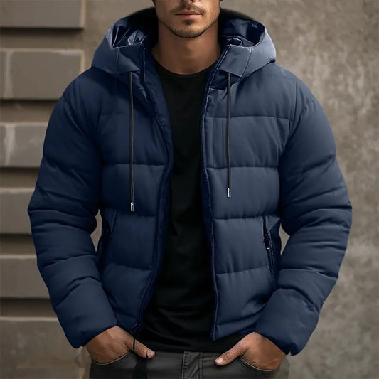 Men’s Puffer Jacket - Synthetic - Hooded Stand Collar - Hip Length - Quilted Design