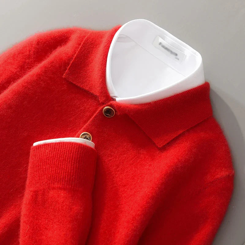Men's sweatshirt – relaxed fit – soft wool knit – polo collar with buttons