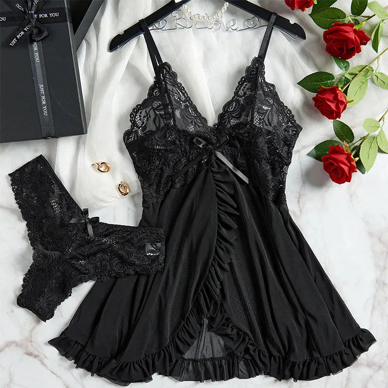 Women's Nightgown Set – Lace V-Neck – Adjustable Straps – Ruched Slim Fit – Ruched Hem