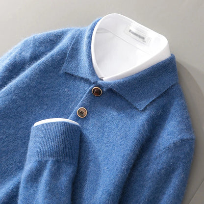 Men's sweatshirt – relaxed fit – soft wool knit – polo collar with buttons