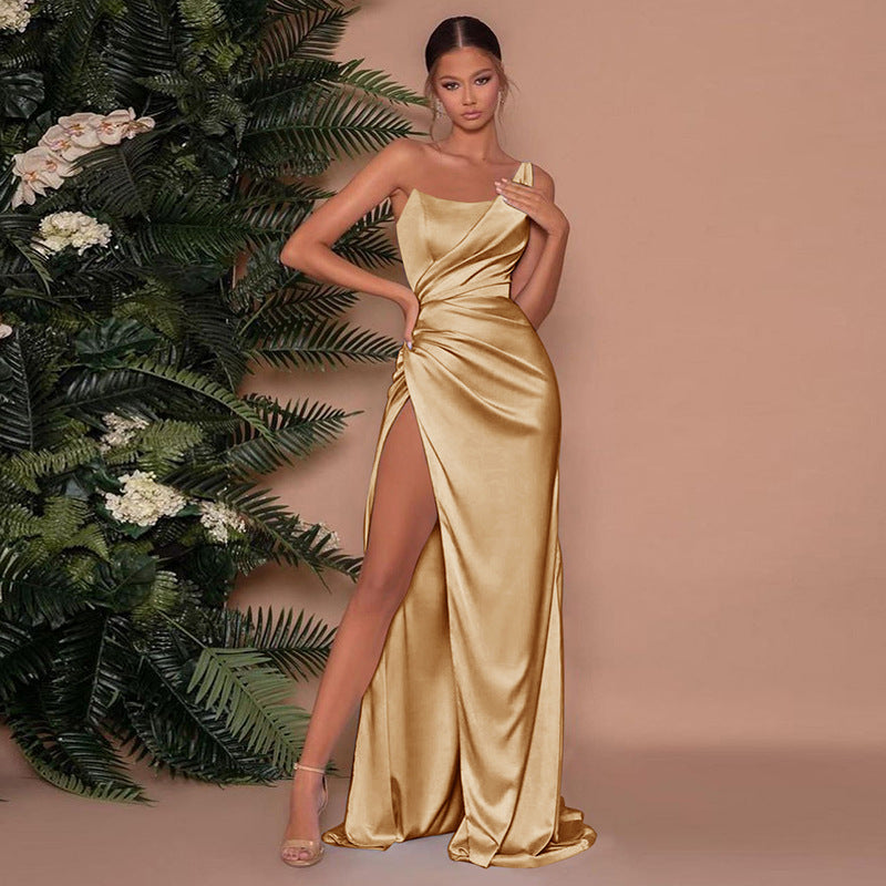 Women's Evening Gown - Satin Look - One-Shoulder - High Slit - Elegant Evening Wear