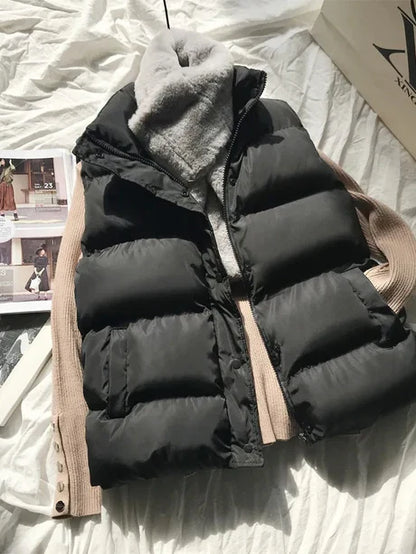Women’s Vest - Quilted Woven - Sleeveless - Stand-Up Collar - Hip Length