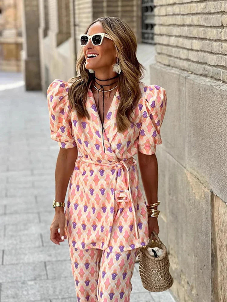 Women's Set – V-neck Blouse with Puff Sleeves and Tie Belt – High-waisted Wrap Pants