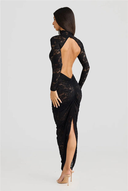 Dress for Women – Lace – Bodycon Fit – High Neck – Long Sleeves – Slit with Flower