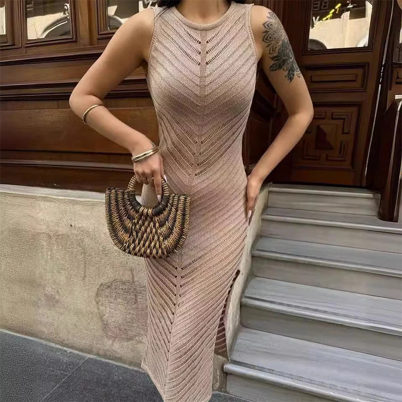 Women's Long Dress - Ribbed Mesh Design - Tailored Fit - Long Sleeves