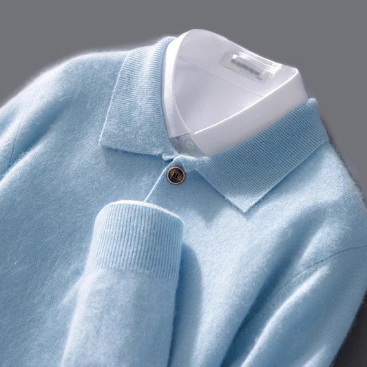 Men's sweatshirt – relaxed fit – soft wool knit – polo collar with buttons