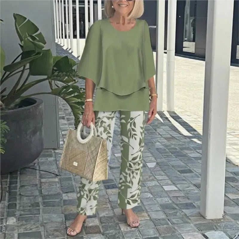 Women's Two-Piece Set – Breathable Mix – Loose Layered Top – Printed Straight-Leg Pants