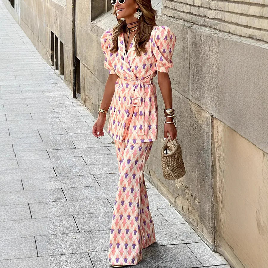 Women's Set – V-neck Blouse with Puff Sleeves and Tie Belt – High-waisted Wrap Pants