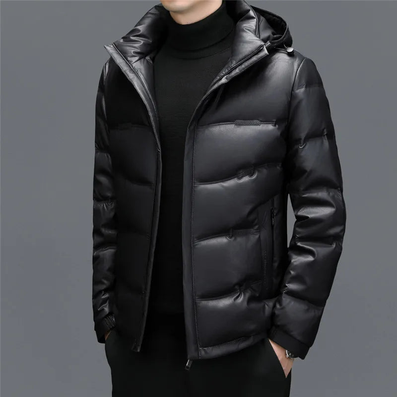 Luca Leather Hooded Puffer Jacket | Quilted Zipper Closure Jacket