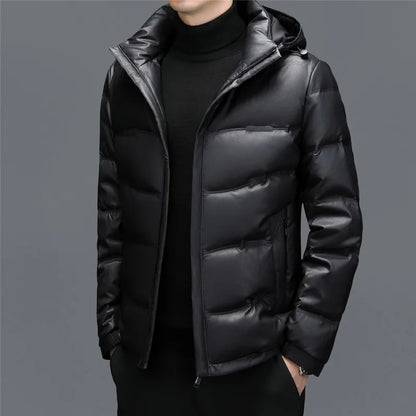 Luca Leather Hooded Puffer Jacket | Quilted Zipper Closure Jacket