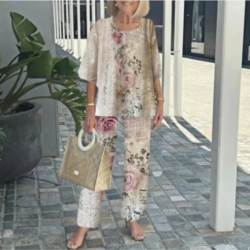 Women's Two-Piece Set – Breathable Mix – Loose Layered Top – Printed Straight-Leg Pants