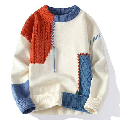 Arthur Patchwork Relaxed Fit Sweater | Cable Knit Ribbed Trim Sweater