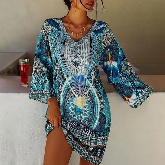 Women's Tunic Dress – Lightweight Fabric – V-Neck – Bohemian Pattern – Long Sleeves
