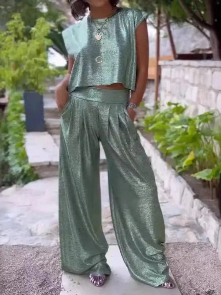Dame Sæt - Ærmeløs Cropped Top & Højtaljet Wide-Leg Bukser - Komfort Fit