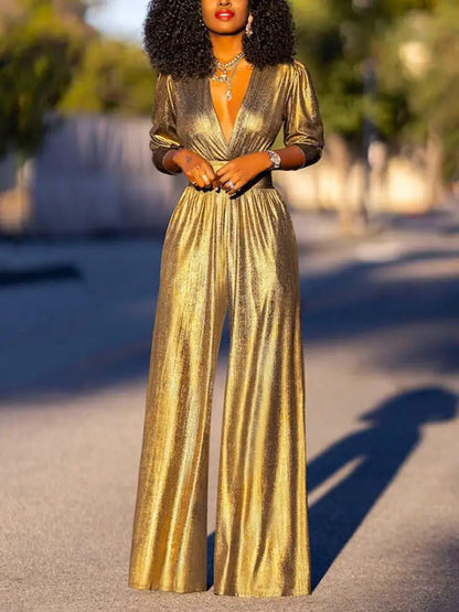 Dame Jumpsuit - Skinnende Finish - V-Hals - 3/4 Ærmer - Vidde Ben - Elegant Pasform