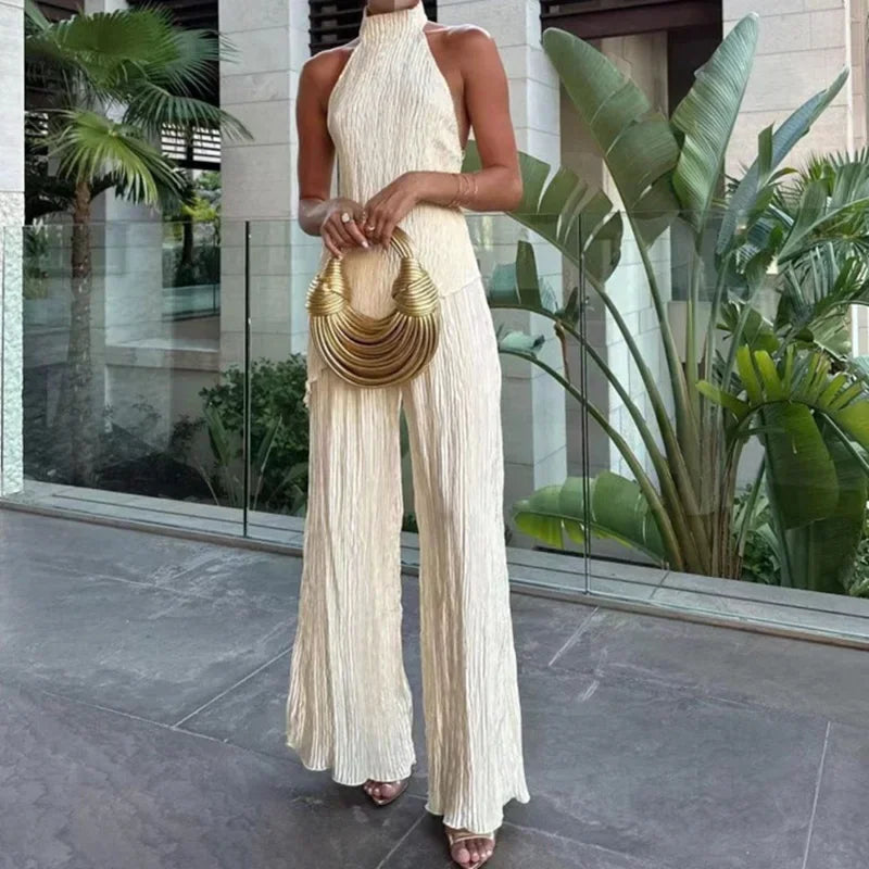 Women's Jumpsuit – Slim Fit – Backless Halterneck – Wide Legs – Breathable Lightweight Fabric
