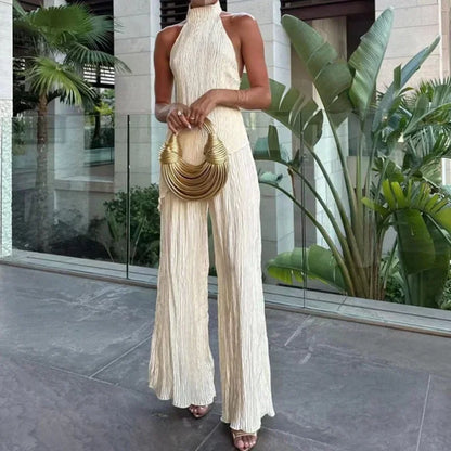 Women's Jumpsuit – Slim Fit – Backless Halterneck – Wide Legs – Breathable Lightweight Fabric