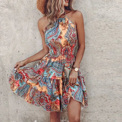 Women's Mini Dress – Relaxed Fit – Halterneck – Smocked Waist – Bohemian Print