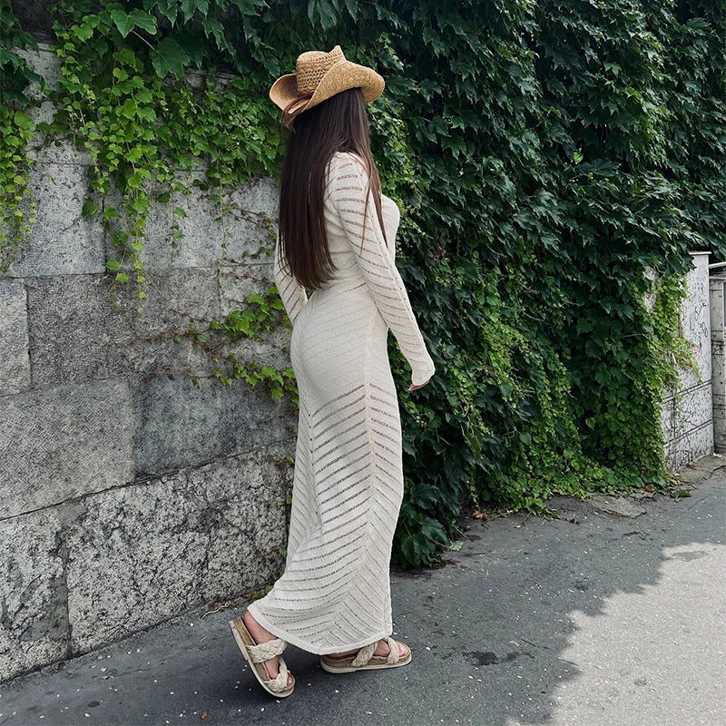Women's Long Dress - Ribbed Mesh Design - Tailored Fit - Long Sleeves