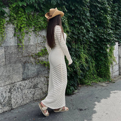 Women's Long Dress - Ribbed Mesh Design - Tailored Fit - Long Sleeves