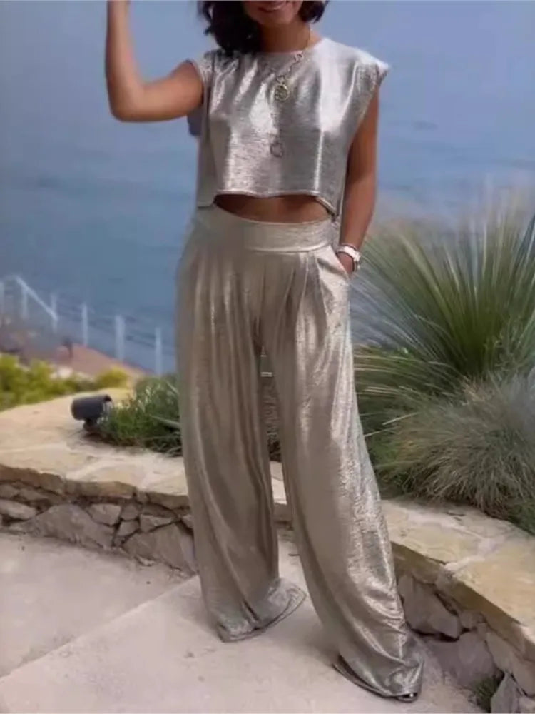 Dame Sæt - Ærmeløs Cropped Top & Højtaljet Wide-Leg Bukser - Komfort Fit