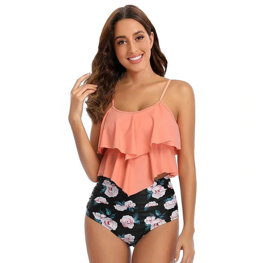 Swimsuit for Women – Ruched Detail – Ruffle Top – High Waist – Full Coverage Fit