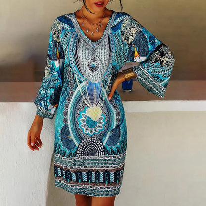 Women's Tunic Dress – Lightweight Fabric – V-Neck – Bohemian Pattern – Long Sleeves