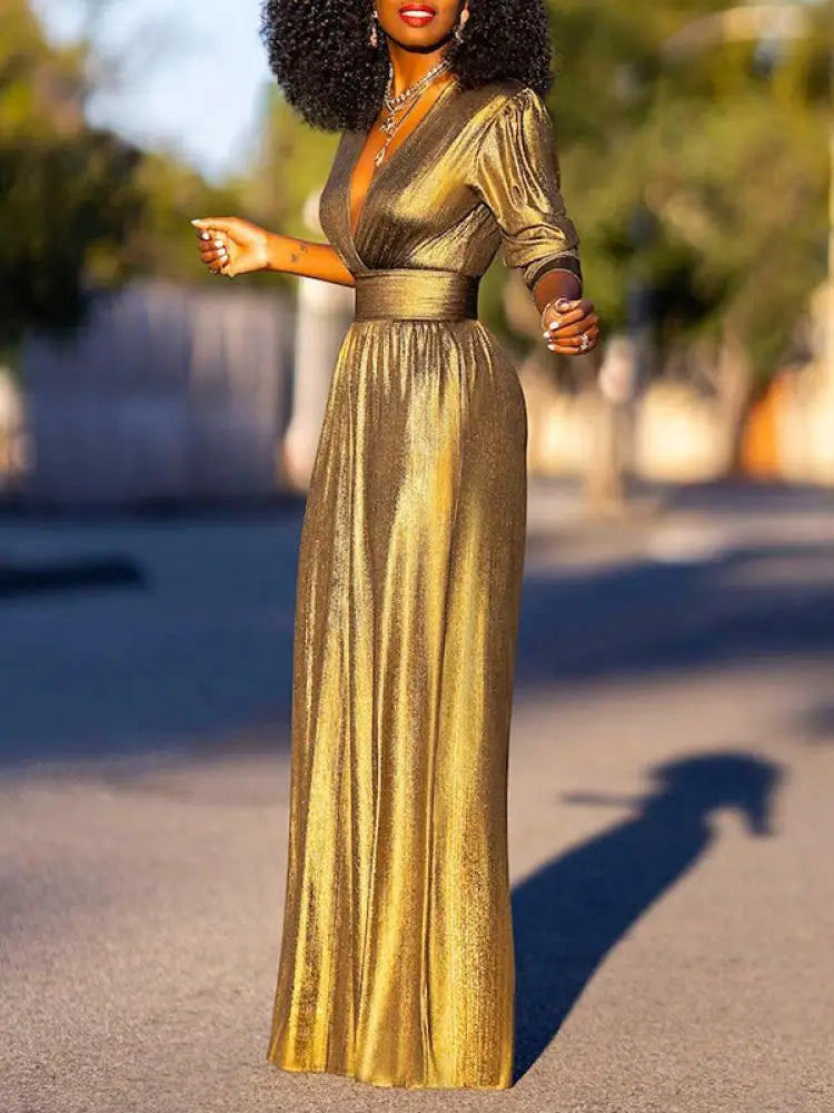 Dame Jumpsuit - Skinnende Finish - V-Hals - 3/4 Ærmer - Vidde Ben - Elegant Pasform