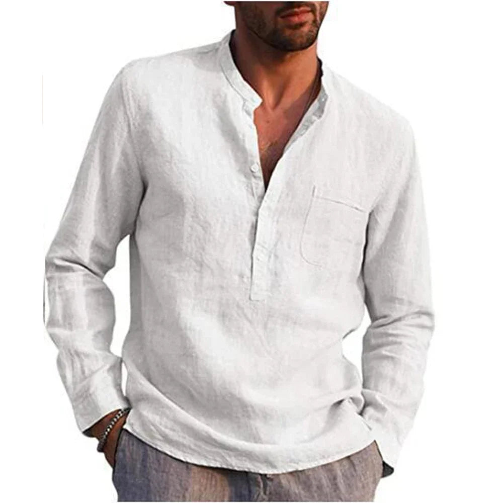 Men's Shirt with Long Sleeves – Relaxed Fit – Natural Fibers – Stand Collar