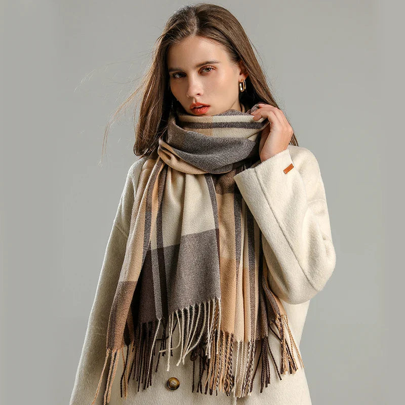 Aurora Wool-Blend Oversized Scarf | Check Fringed Scarf