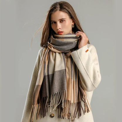 Aurora Wool-Blend Oversized Scarf | Check Fringed Scarf