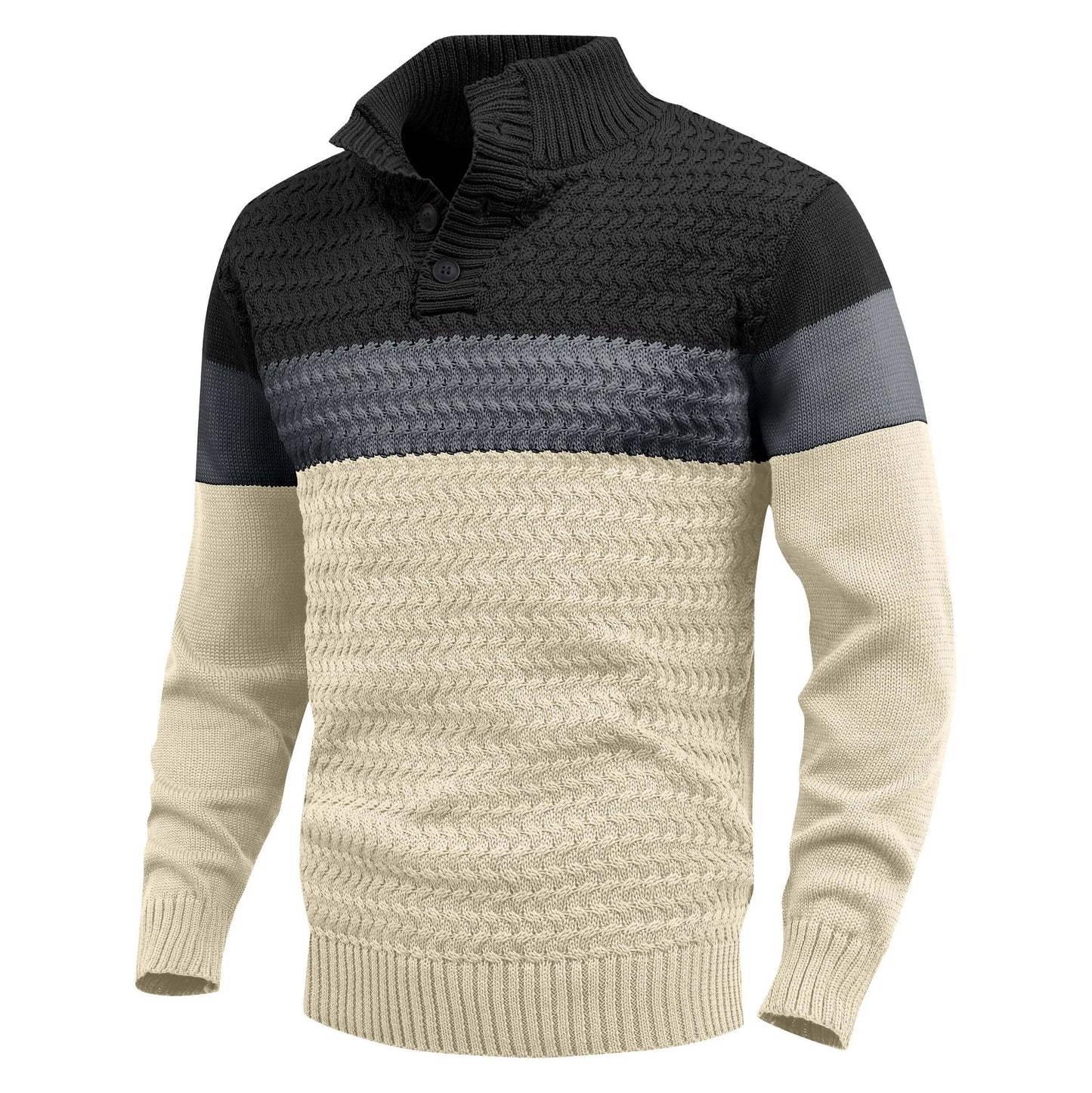 Arthur Color Block Stand Collar Pullover Sweater | Cable Knit Ribbed Trim Pullover Sweater