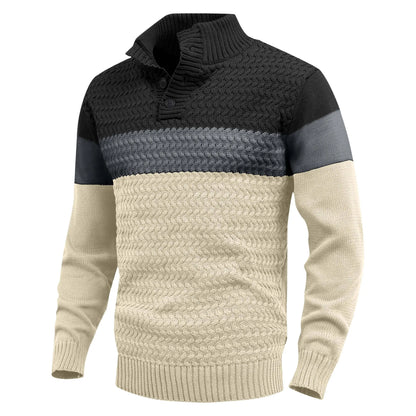 Arthur Color Block Stand Collar Pullover Sweater | Cable Knit Ribbed Trim Pullover Sweater
