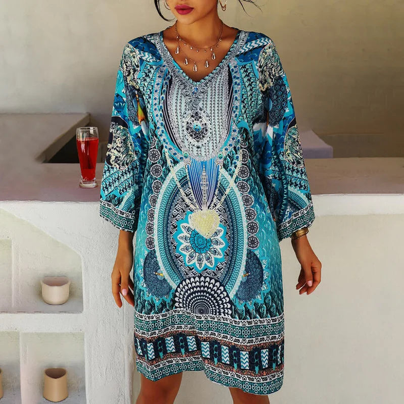 Women's Tunic Dress – Lightweight Fabric – V-Neck – Bohemian Pattern – Long Sleeves