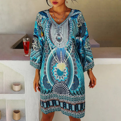 Women's Tunic Dress – Lightweight Fabric – V-Neck – Bohemian Pattern – Long Sleeves
